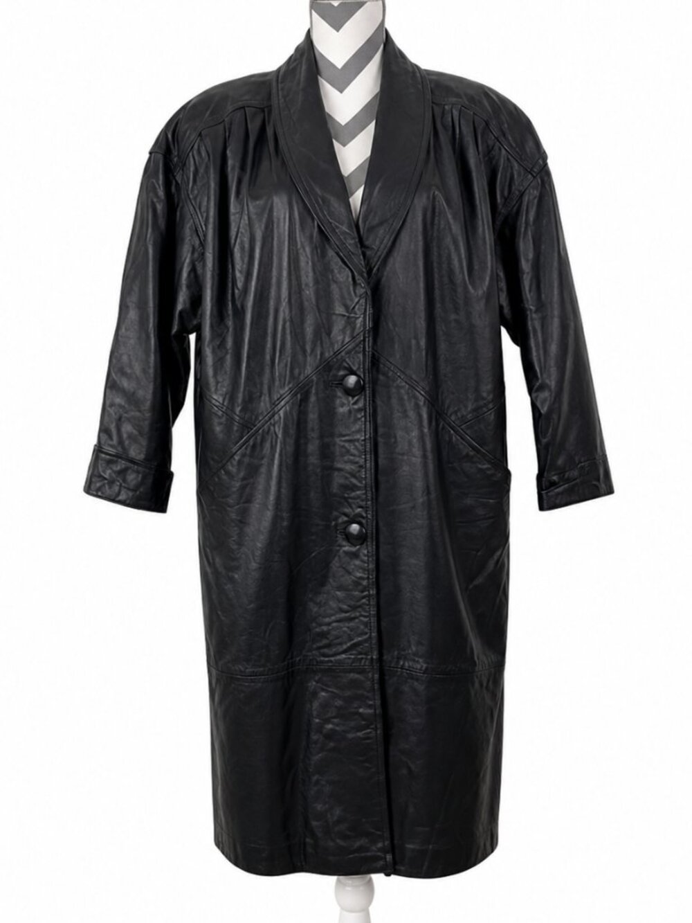 Vintage 90s Black Leather Trench Coat Oversized Minimalist Long Coat - Size M - Picture 2 of 11
